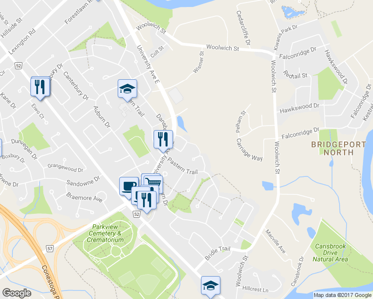 map of restaurants, bars, coffee shops, grocery stores, and more near 346 University Downs Crescent in Waterloo