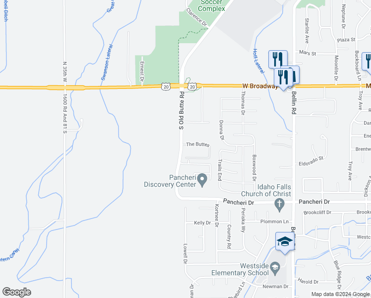 map of restaurants, bars, coffee shops, grocery stores, and more near 100 South Old Butte Road in Idaho Falls