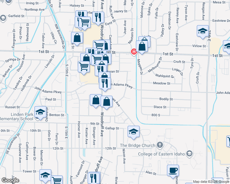 map of restaurants, bars, coffee shops, grocery stores, and more near 615 Hoopes Avenue in Idaho Falls