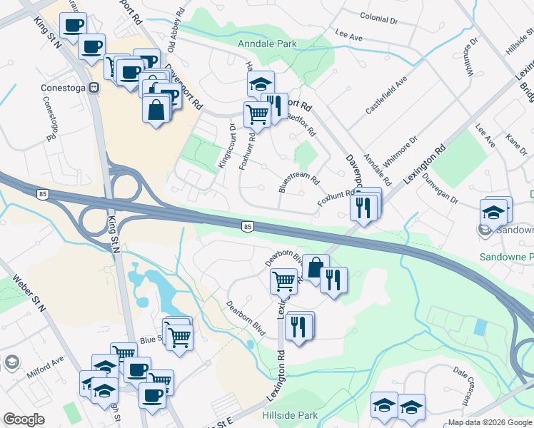 map of restaurants, bars, coffee shops, grocery stores, and more near 165 Foxhunt Road in Waterloo