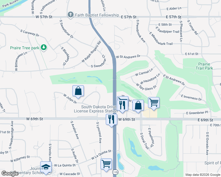 map of restaurants, bars, coffee shops, grocery stores, and more near 6001 South Minnesota Avenue in Sioux Falls