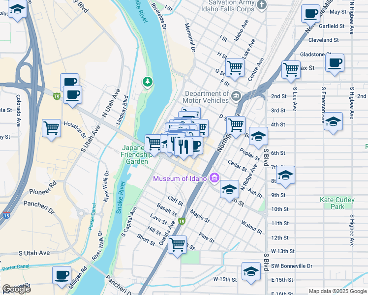 map of restaurants, bars, coffee shops, grocery stores, and more near 401 Park Avenue in Idaho Falls