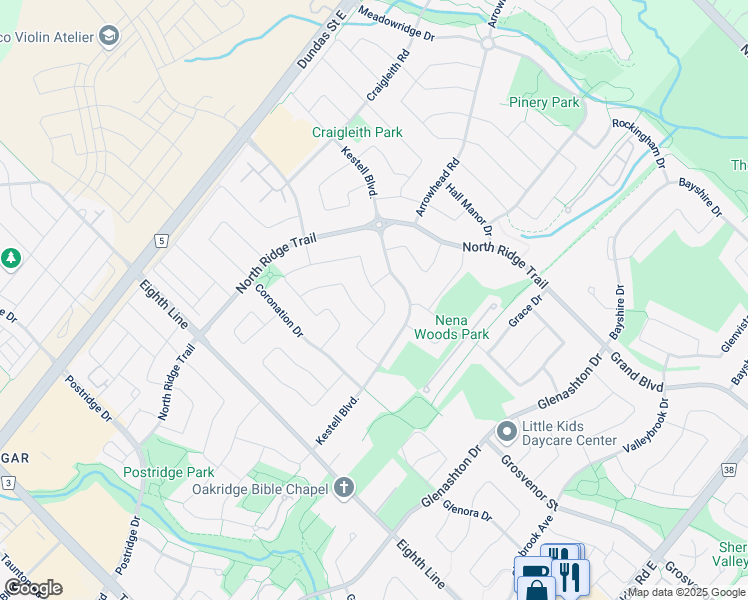 map of restaurants, bars, coffee shops, grocery stores, and more near 2400 Hertfordshire Way in Oakville
