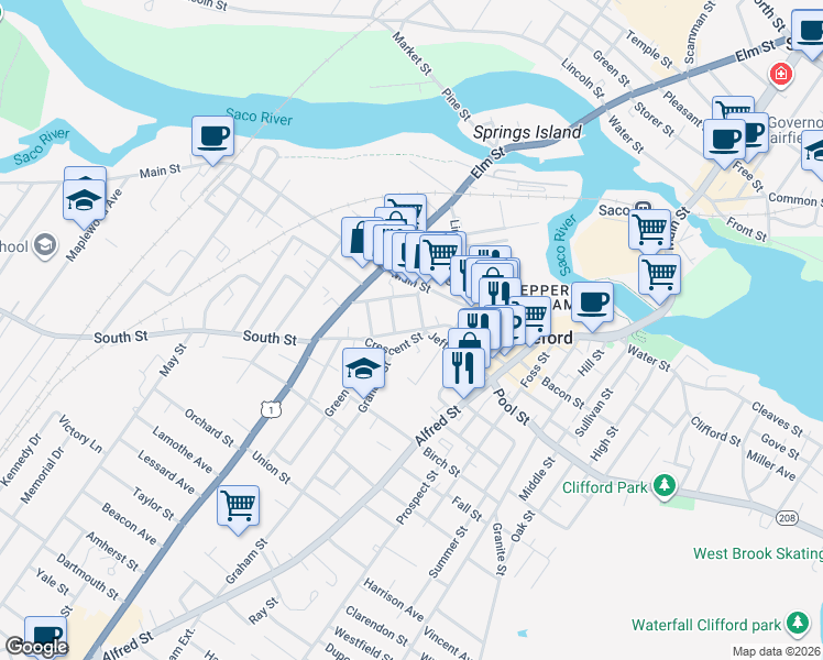 map of restaurants, bars, coffee shops, grocery stores, and more near 13 Crescent Street in Biddeford