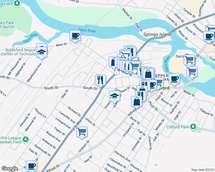 map of restaurants, bars, coffee shops, grocery stores, and more near 1 Wentworth Street in Biddeford