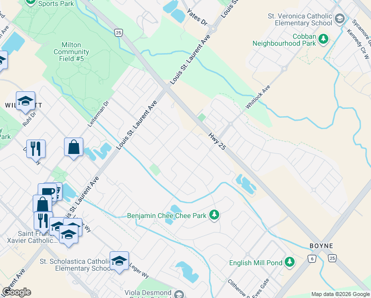 map of restaurants, bars, coffee shops, grocery stores, and more near in Milton