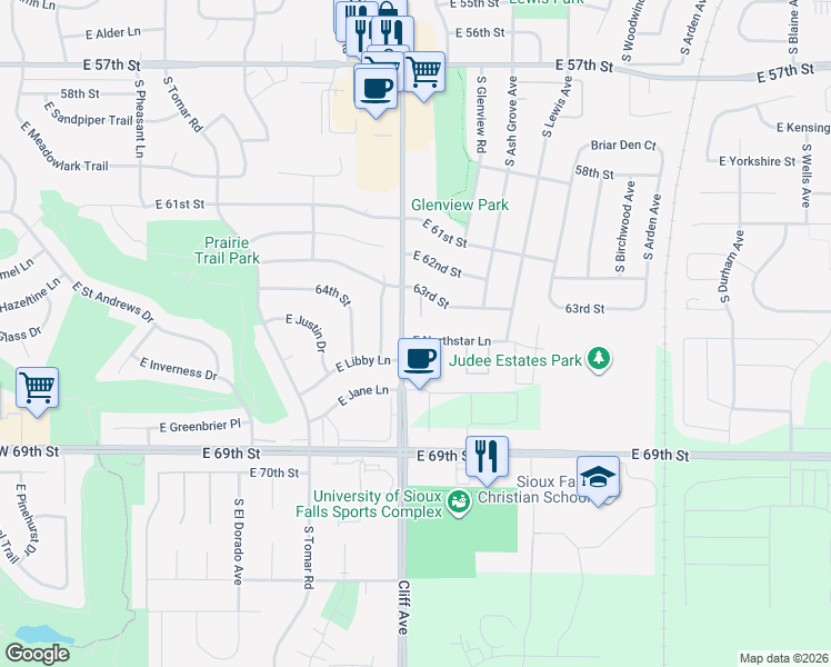 map of restaurants, bars, coffee shops, grocery stores, and more near 1301 East Northstar Lane in Sioux Falls