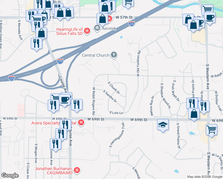 map of restaurants, bars, coffee shops, grocery stores, and more near 5612 South Sandra Drive in Sioux Falls
