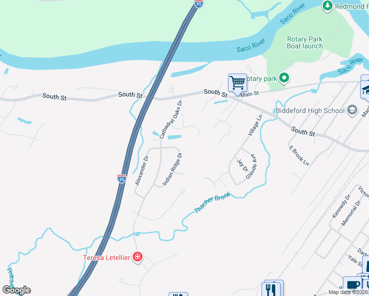 map of restaurants, bars, coffee shops, grocery stores, and more near 9 Indian Ridge Drive in Biddeford