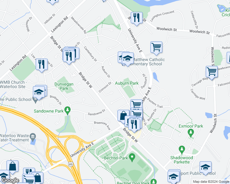 map of restaurants, bars, coffee shops, grocery stores, and more near 288 Autumn Place in Waterloo