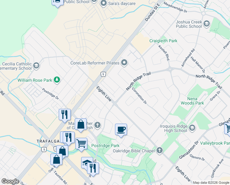 map of restaurants, bars, coffee shops, grocery stores, and more near 2480 Post Road in Oakville