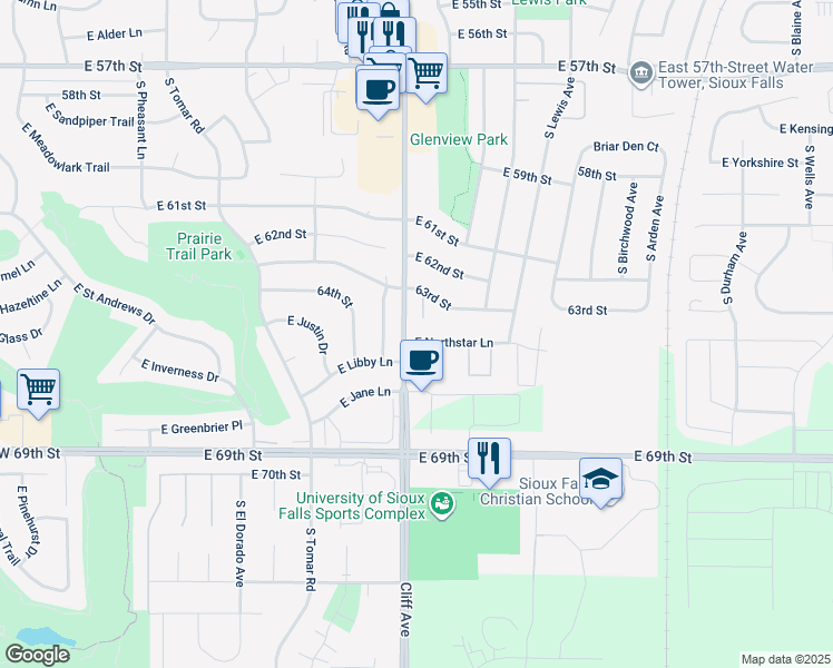 map of restaurants, bars, coffee shops, grocery stores, and more near 1301 East Northstar Lane in Sioux Falls
