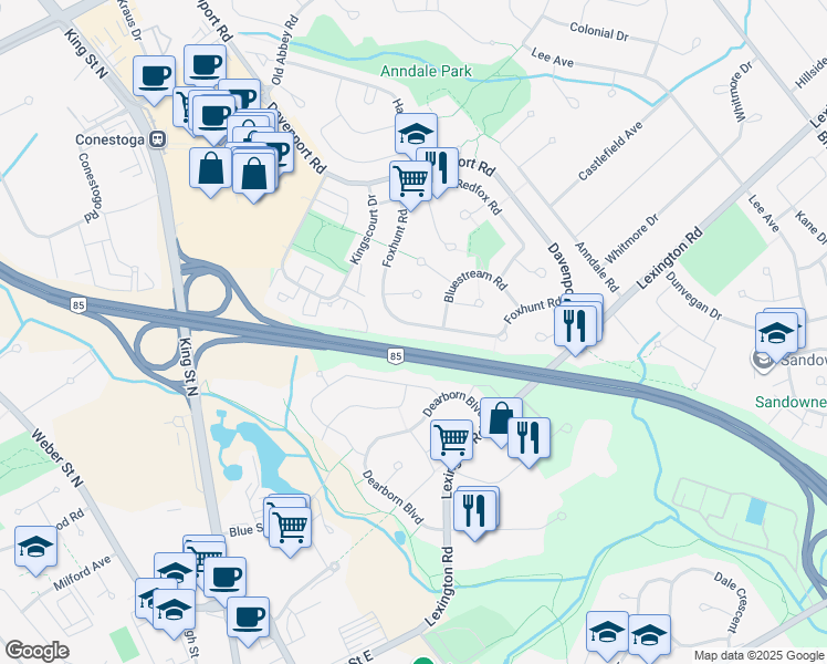 map of restaurants, bars, coffee shops, grocery stores, and more near 149 Foxhunt Road in Waterloo