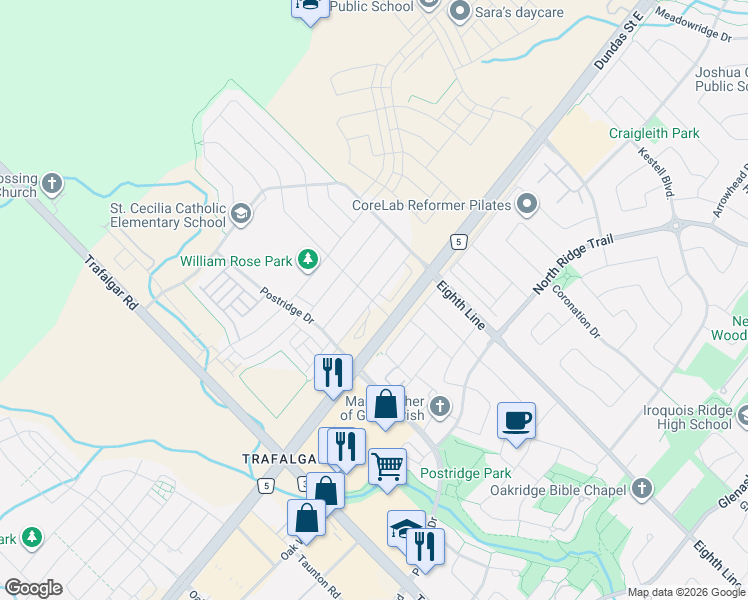 map of restaurants, bars, coffee shops, grocery stores, and more near 412 Silver Maple Road in Oakville