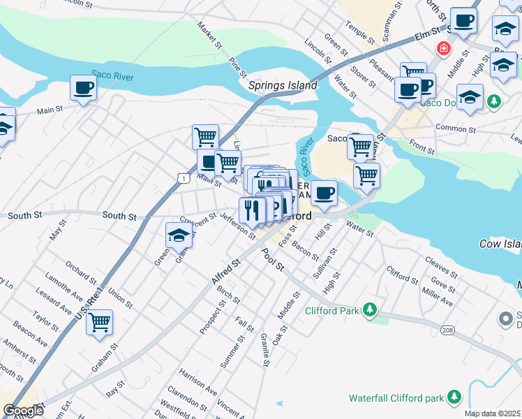 map of restaurants, bars, coffee shops, grocery stores, and more near 27 Washington Street in Biddeford
