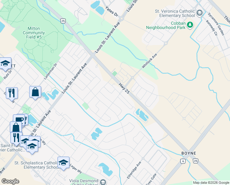 map of restaurants, bars, coffee shops, grocery stores, and more near 1266 Bowell Crescent in Milton