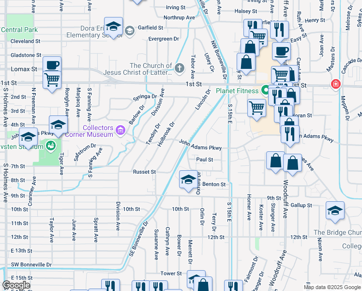 map of restaurants, bars, coffee shops, grocery stores, and more near 603 Cambridge Drive in Idaho Falls