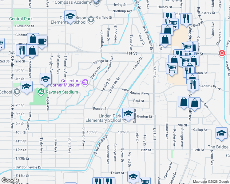map of restaurants, bars, coffee shops, grocery stores, and more near 570 Lincoln Drive in Idaho Falls