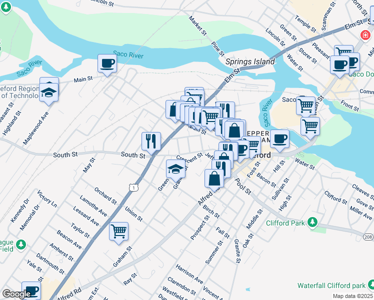 map of restaurants, bars, coffee shops, grocery stores, and more near 17 Green Street in Biddeford