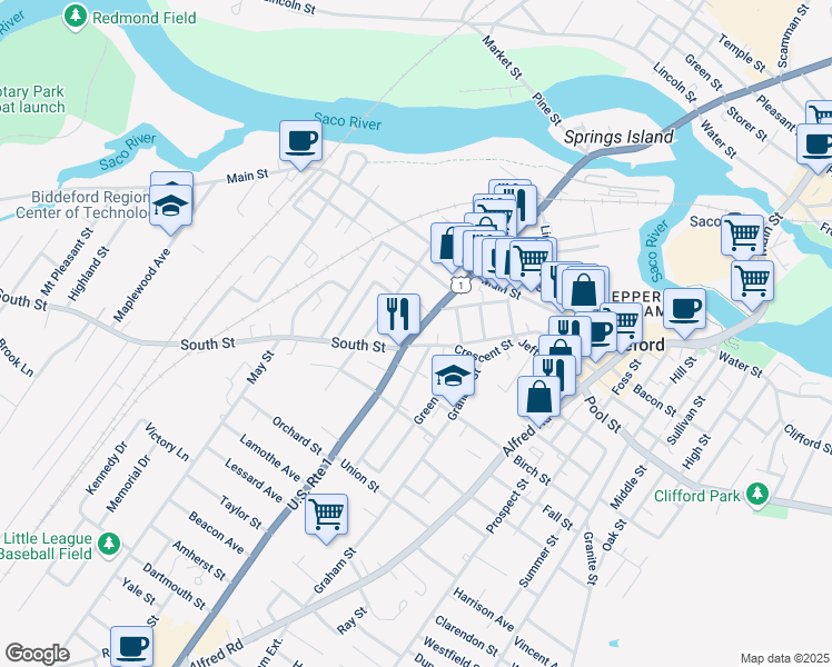 map of restaurants, bars, coffee shops, grocery stores, and more near 1 Wentworth Street in Biddeford