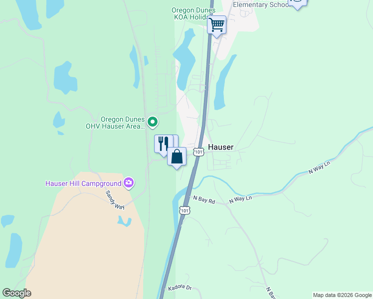 map of restaurants, bars, coffee shops, grocery stores, and more near 68743 Hauser Road in North Bend