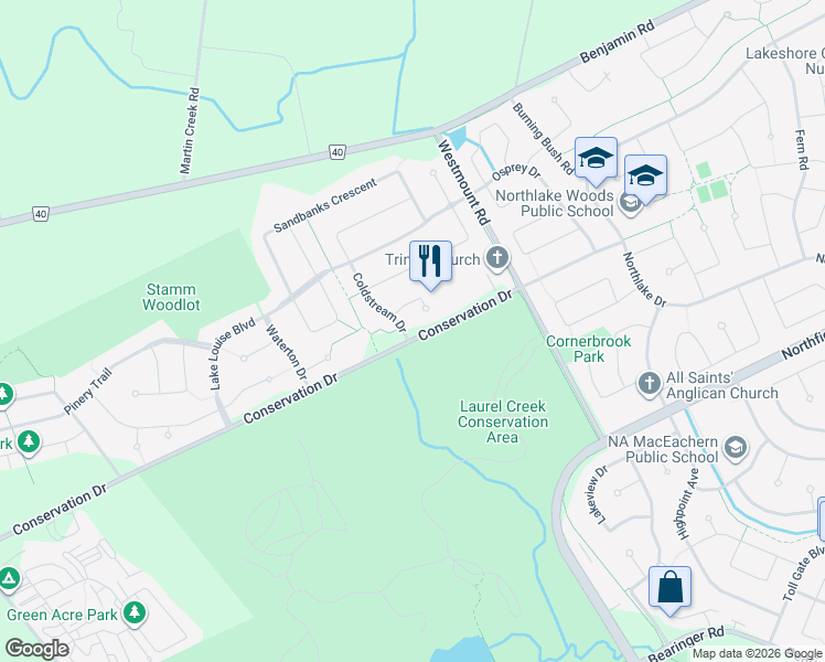 map of restaurants, bars, coffee shops, grocery stores, and more near 580 Coldstream Drive in Waterloo