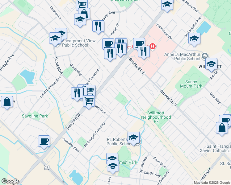 map of restaurants, bars, coffee shops, grocery stores, and more near 649 Frank Place in Milton