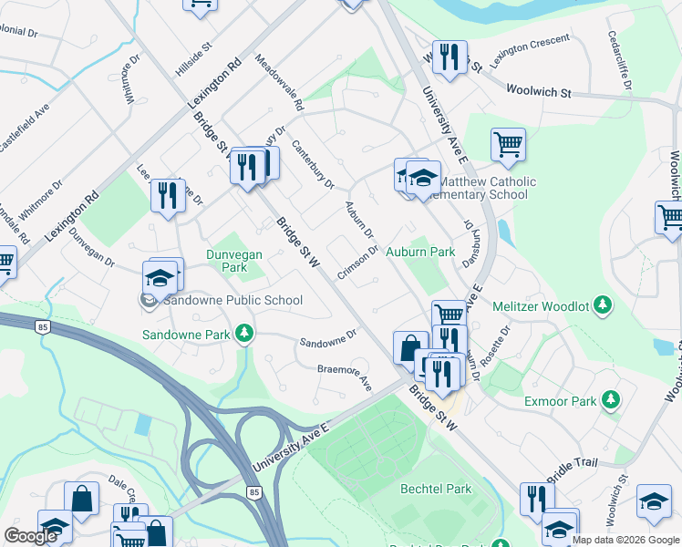 map of restaurants, bars, coffee shops, grocery stores, and more near 385 Grangewood Drive in Waterloo
