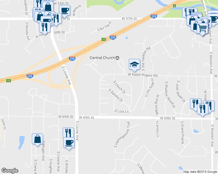 map of restaurants, bars, coffee shops, grocery stores, and more near 5518 South Sandra Drive in Sioux Falls