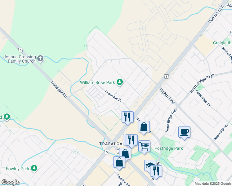 map of restaurants, bars, coffee shops, grocery stores, and more near Wheat Boom Drive in Oakville