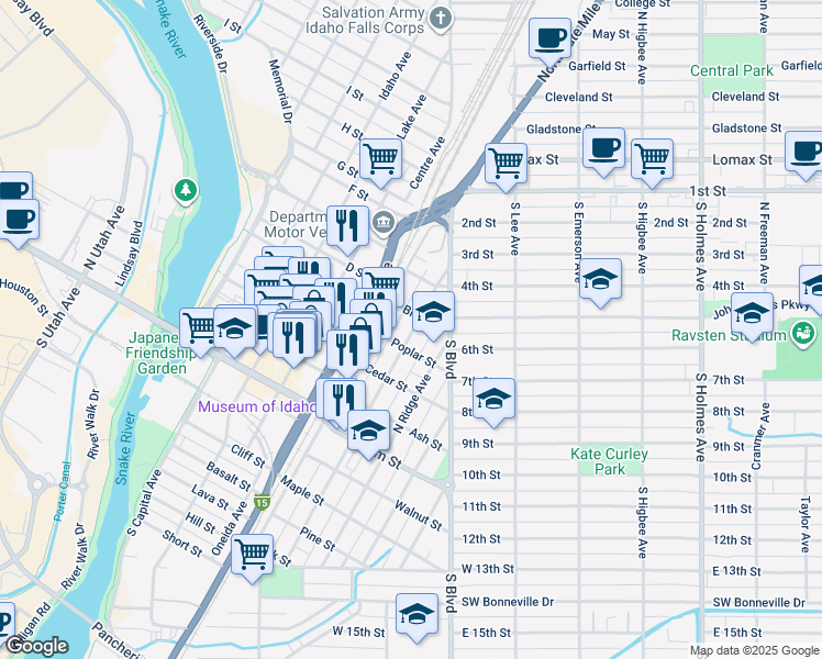 map of restaurants, bars, coffee shops, grocery stores, and more near 5 Poplar Street in Idaho Falls