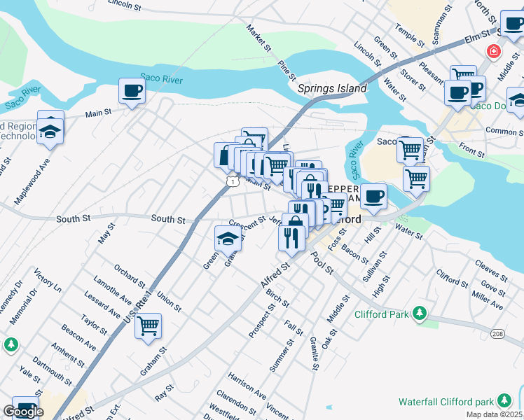 map of restaurants, bars, coffee shops, grocery stores, and more near 13 Crescent Street in Biddeford