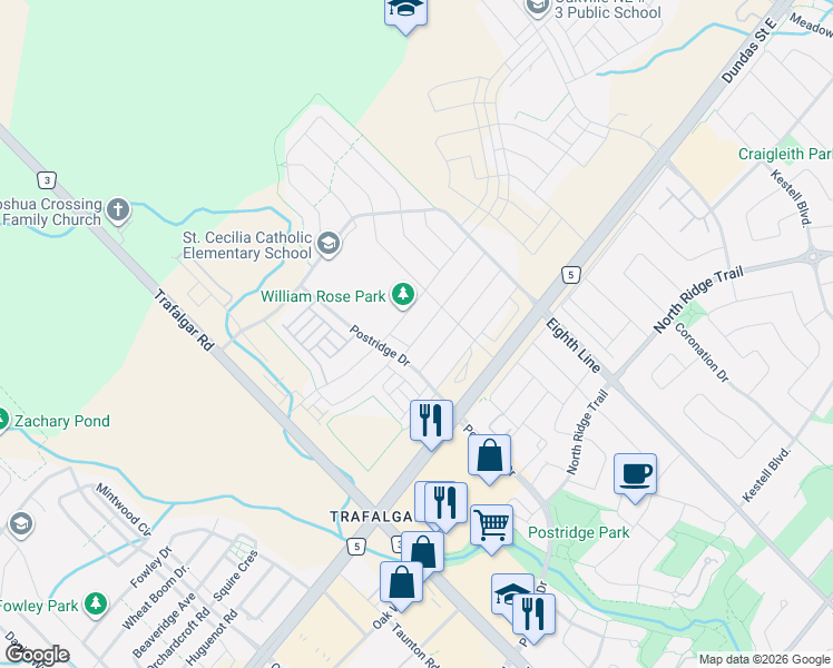 map of restaurants, bars, coffee shops, grocery stores, and more near 403 Grindstone Trail in Oakville
