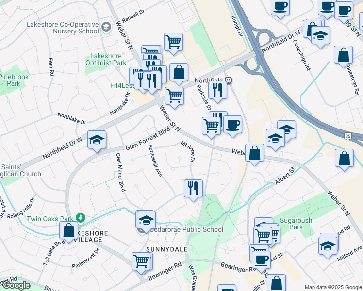map of restaurants, bars, coffee shops, grocery stores, and more near 542 Lynnbrook Place in Waterloo