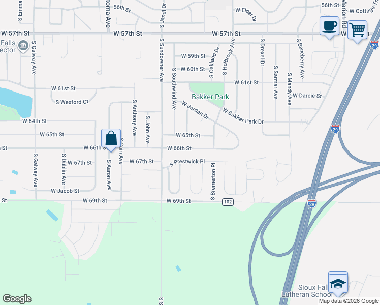 map of restaurants, bars, coffee shops, grocery stores, and more near 6042-6070 S Prestwick Pl in Sioux Falls