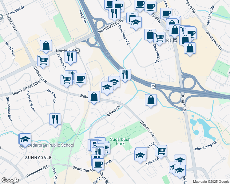 map of restaurants, bars, coffee shops, grocery stores, and more near 480 Dutton Drive in Waterloo