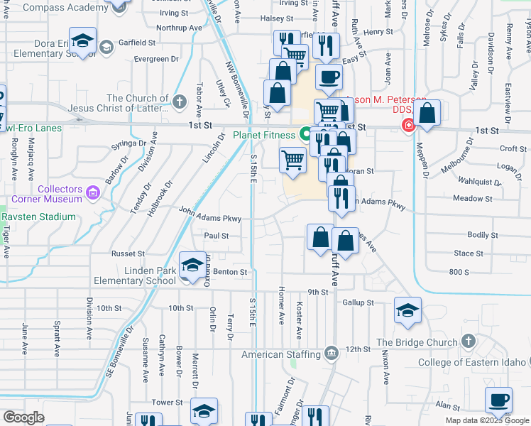 map of restaurants, bars, coffee shops, grocery stores, and more near 1553 John Adams Parkway in Idaho Falls