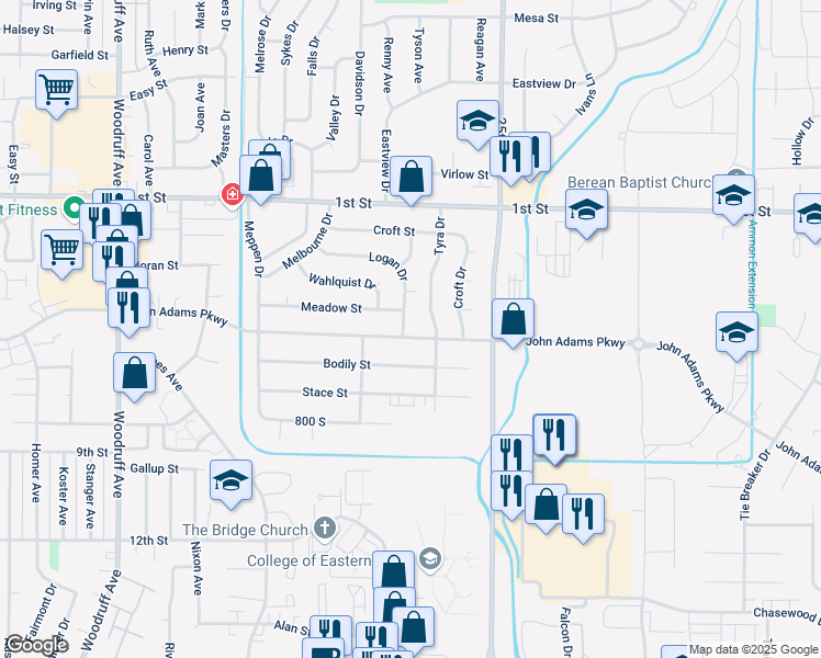 map of restaurants, bars, coffee shops, grocery stores, and more near 548 Tyra Dr in Idaho Falls