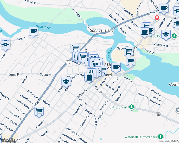 map of restaurants, bars, coffee shops, grocery stores, and more near 35 Adams Street in Biddeford