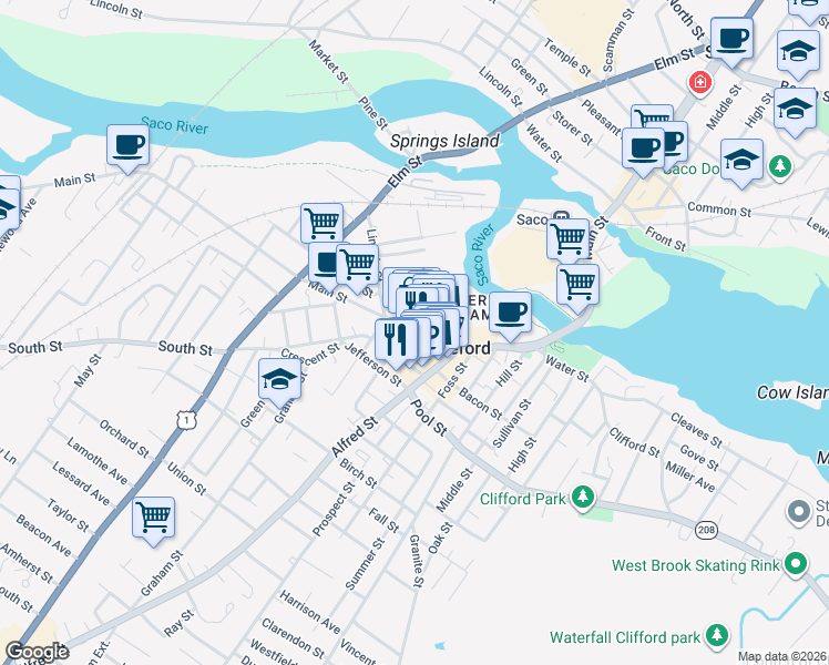 map of restaurants, bars, coffee shops, grocery stores, and more near 27 Washington Street in Biddeford