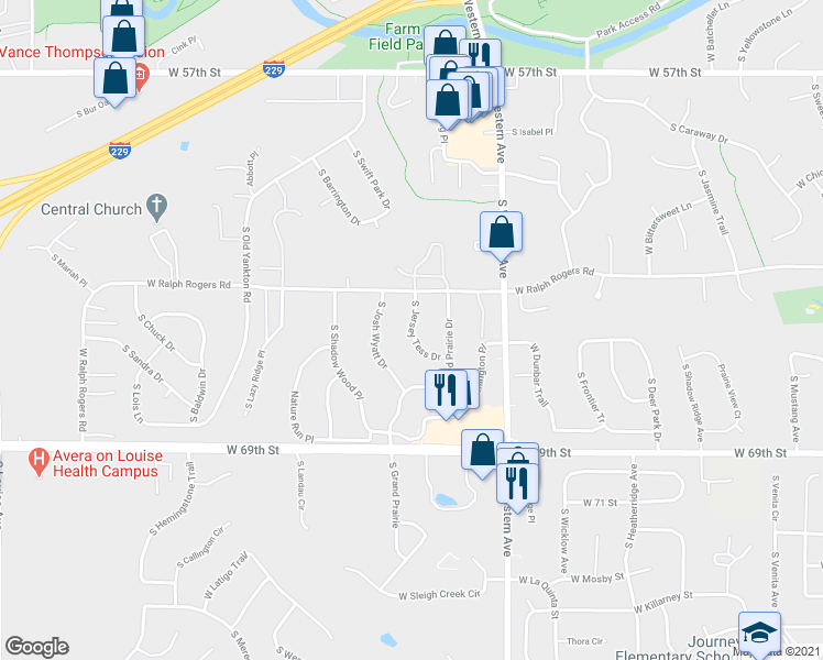 map of restaurants, bars, coffee shops, grocery stores, and more near 5609 South Jersey Tess Drive in Sioux Falls