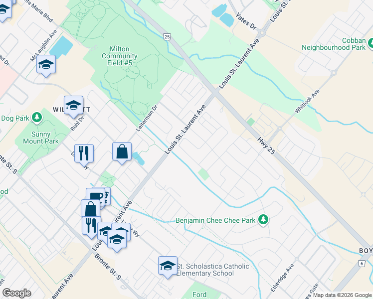 map of restaurants, bars, coffee shops, grocery stores, and more near 1221 Raspberry Terrace in Milton