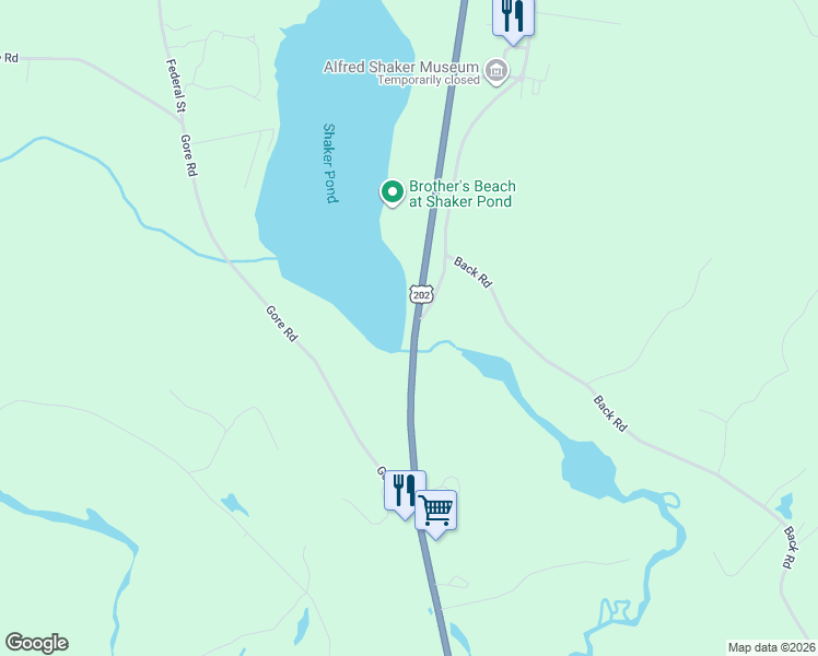 map of restaurants, bars, coffee shops, grocery stores, and more near 228 Waterboro Road in Alfred