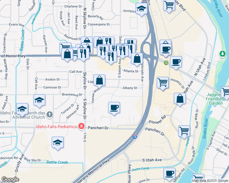 map of restaurants, bars, coffee shops, grocery stores, and more near South Saturn Avenue in Idaho Falls