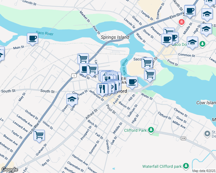 map of restaurants, bars, coffee shops, grocery stores, and more near 27 Washington Street in Biddeford