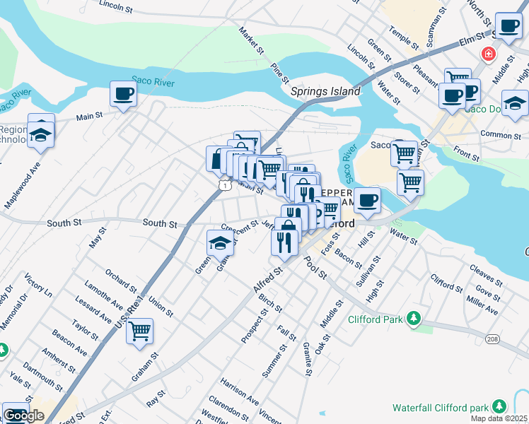 map of restaurants, bars, coffee shops, grocery stores, and more near 13 Crescent Street in Biddeford