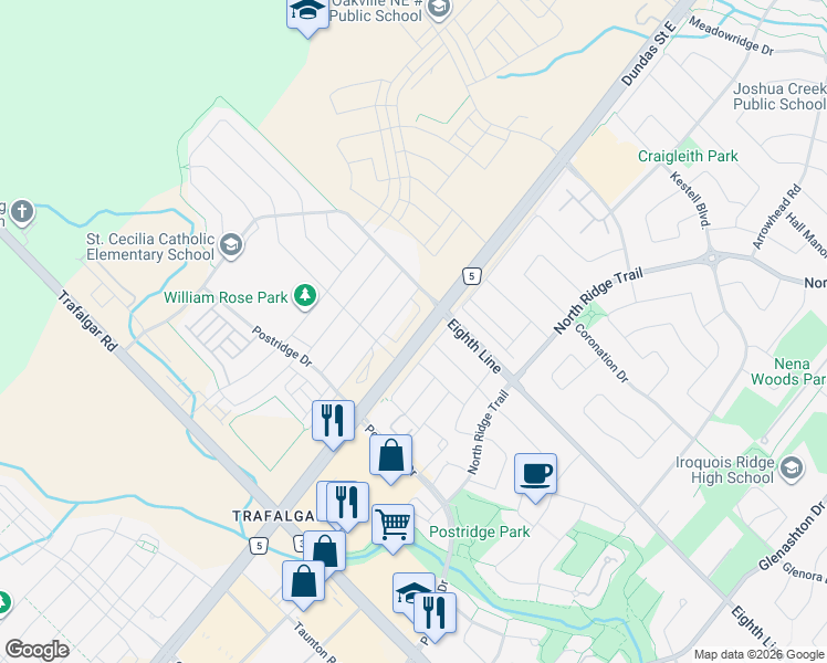 map of restaurants, bars, coffee shops, grocery stores, and more near 491 Dundas Street East in Oakville