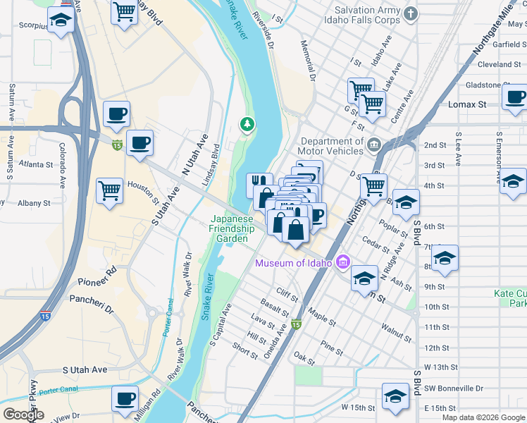 map of restaurants, bars, coffee shops, grocery stores, and more near 498 West Broadway Street in Idaho Falls
