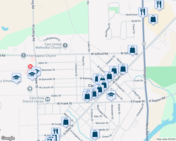 map of restaurants, bars, coffee shops, grocery stores, and more near 310 North Almer Street in Caro