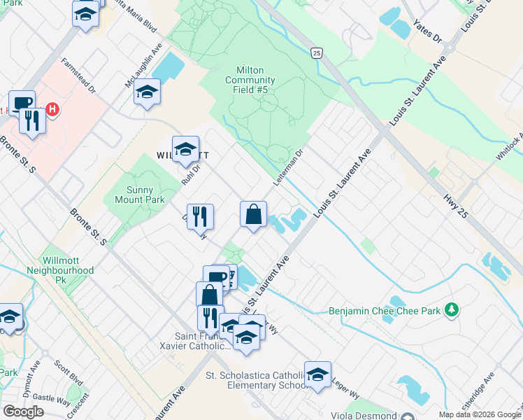 map of restaurants, bars, coffee shops, grocery stores, and more near 1005 Farmstead Drive in Milton